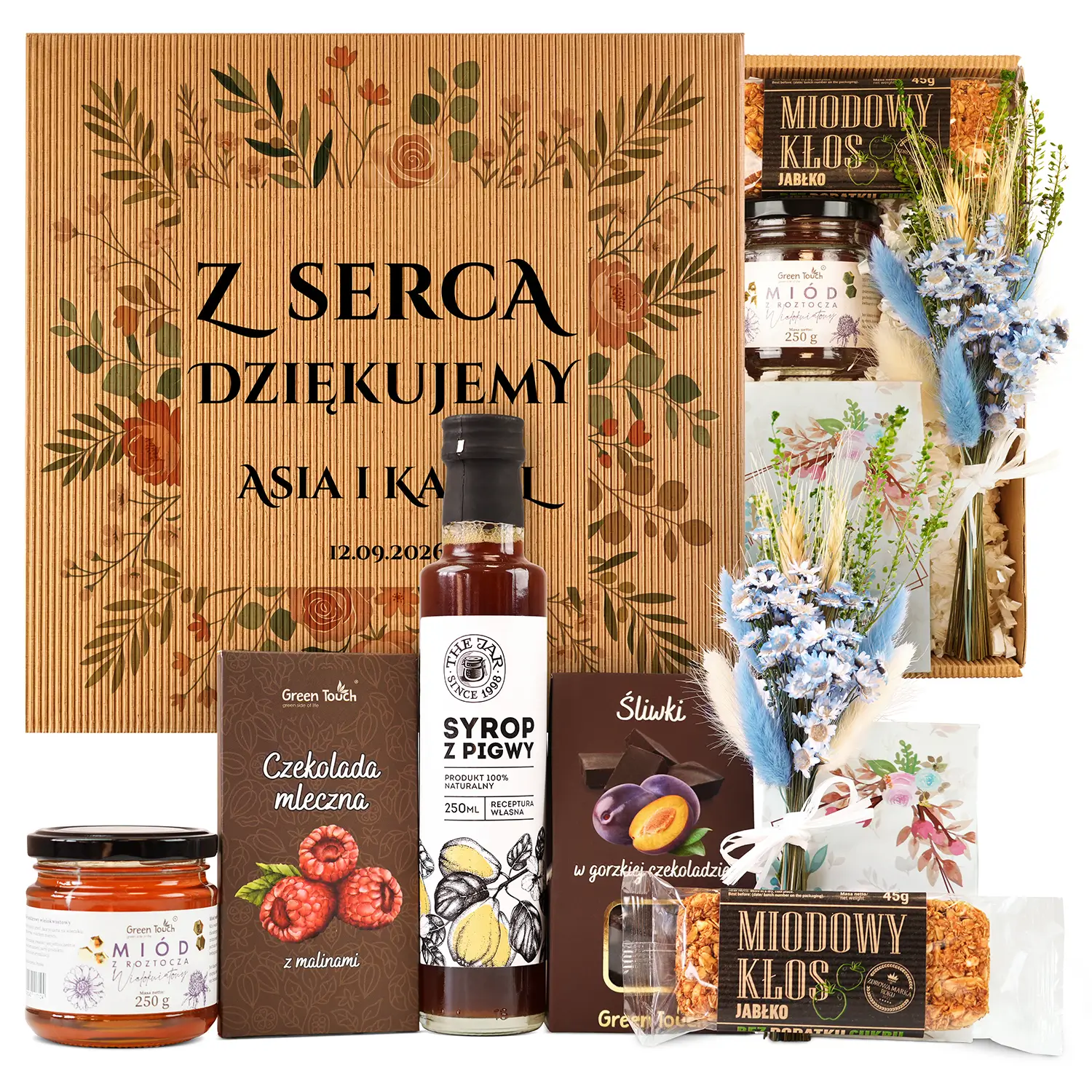 Kosz prezentowy podziękowania dla rodziców chrzestnych prezent ślub nadruk