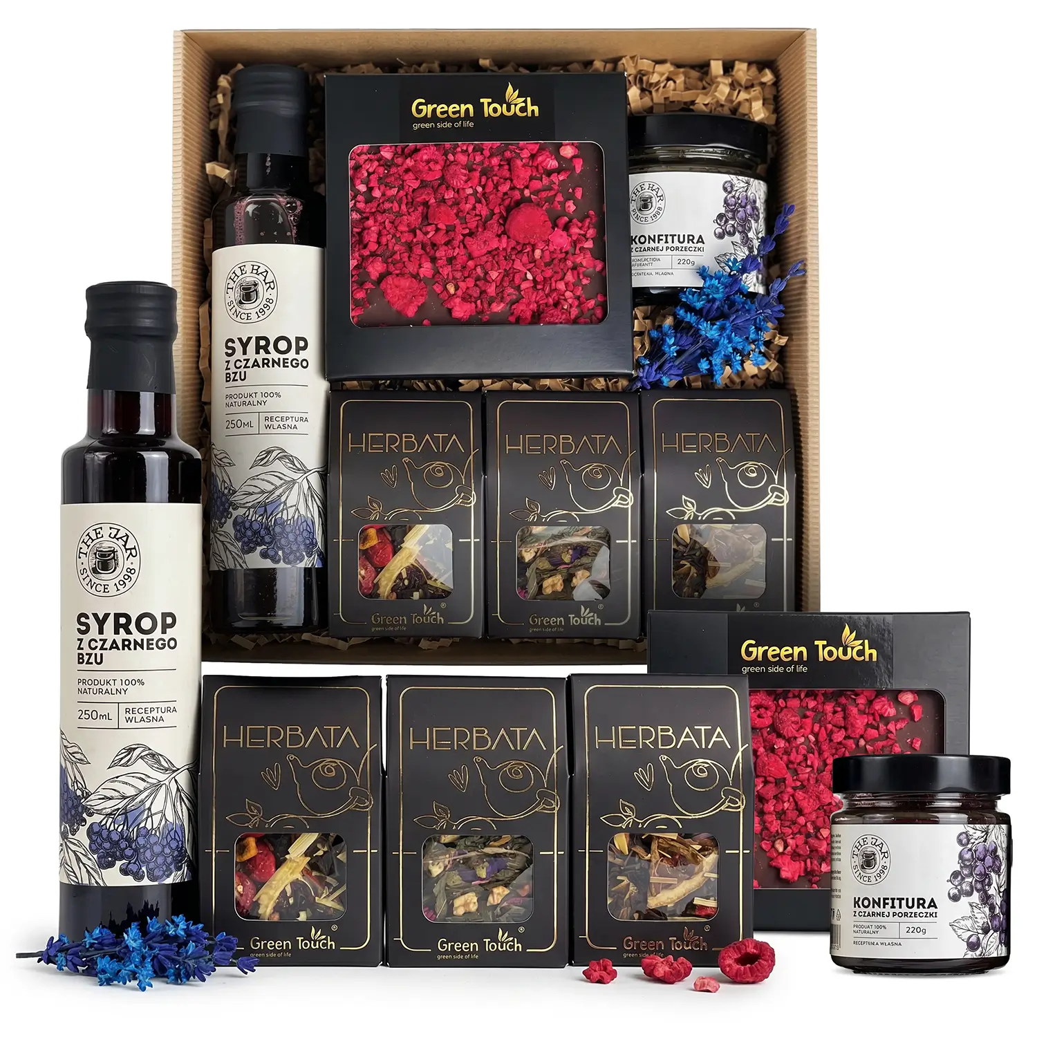 Kosz prezentowy elegancki prezent zestaw herbat syrop konfitura czekolada