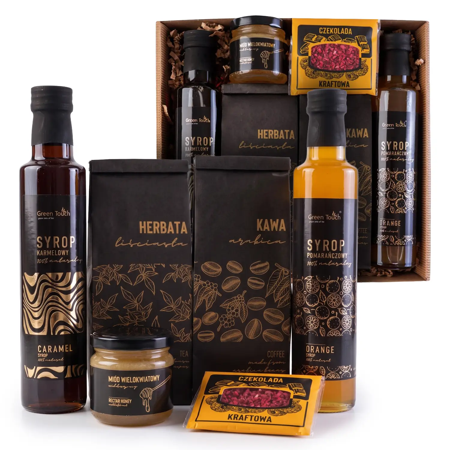 Zestaw kosz prezentowy upominek syropy herbata kawa miód naturalny box
