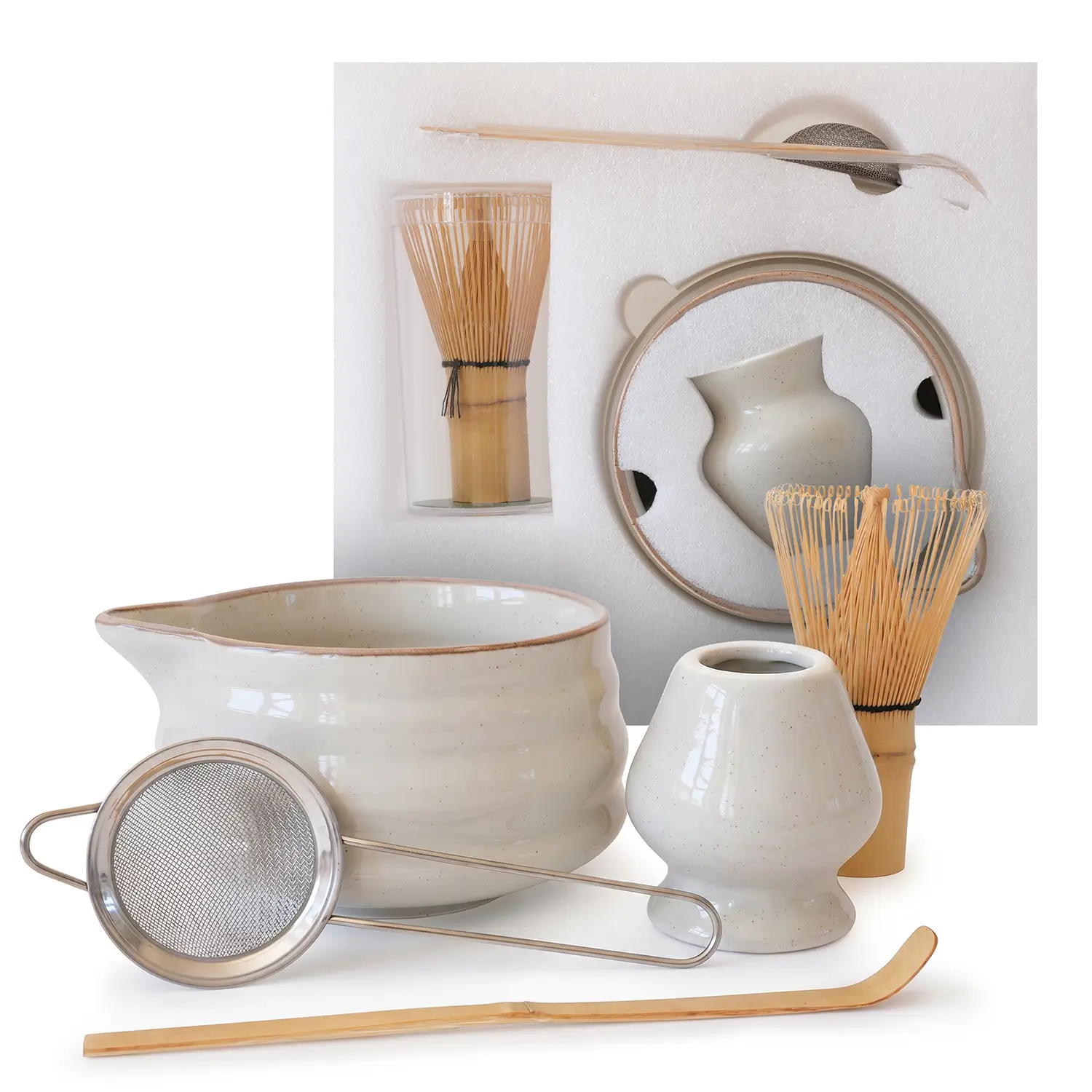 Zestaw ceramiczny do matcha miotełka czarka łyżeczka stojak sitko do latte